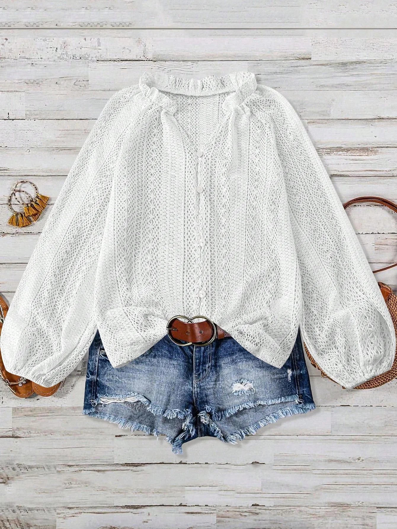 Blusas de mujer primavera y otoño nueva moda suelta Simple todo-fósforo encaje hueco cuello en V camisas de manga larga de una sola rota para mujer