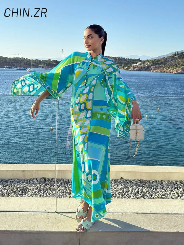 Vestido de Moda con Estampado Geométrico para Mujer, Cuello Alto, Manga Ancha con Botones, Vestidos de Vacaciones 2026, Vestido Holgado de Playa para Dama