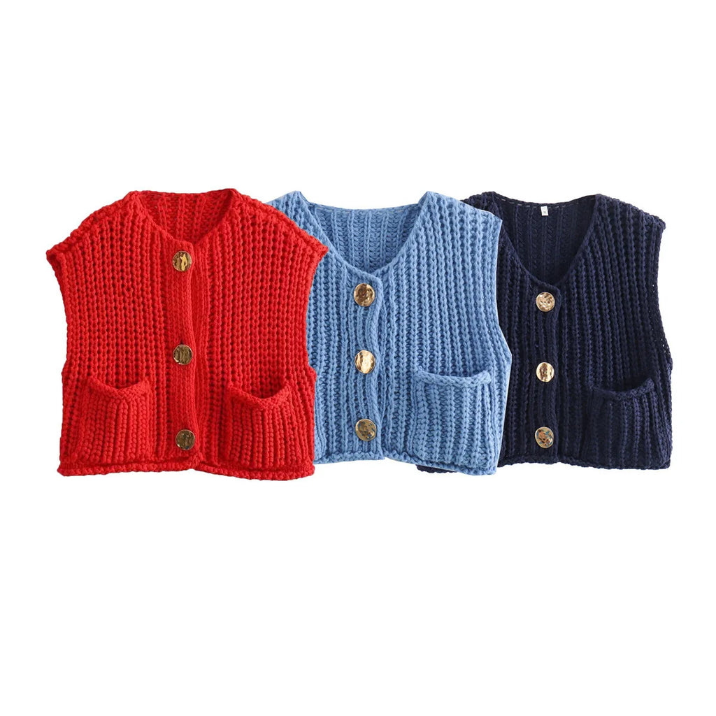 Suéter corto de moda coreana para mujer, chaleco informal holgado liso, suéter de punto con Cable, chaleco para mujer, Tops de diseñador de lujo