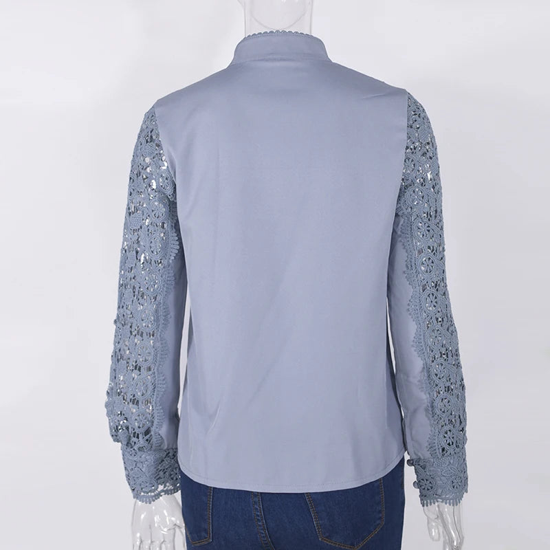Blusa de encaje bordado para mujer, camisa informal de manga larga con cuello levantado, Color liso, elegante, para oficina, Primavera, 2021