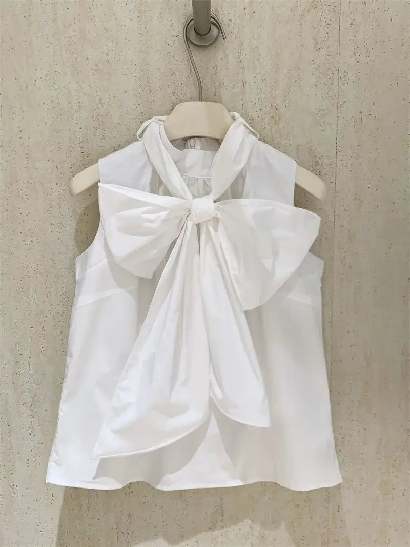 Blusa Blanca para Mujer 2026, Blusas Mujer con Lazo, Sin Mangas, Holgada, Camisas de Moda Dulce de Verano, Tops Femeninos
