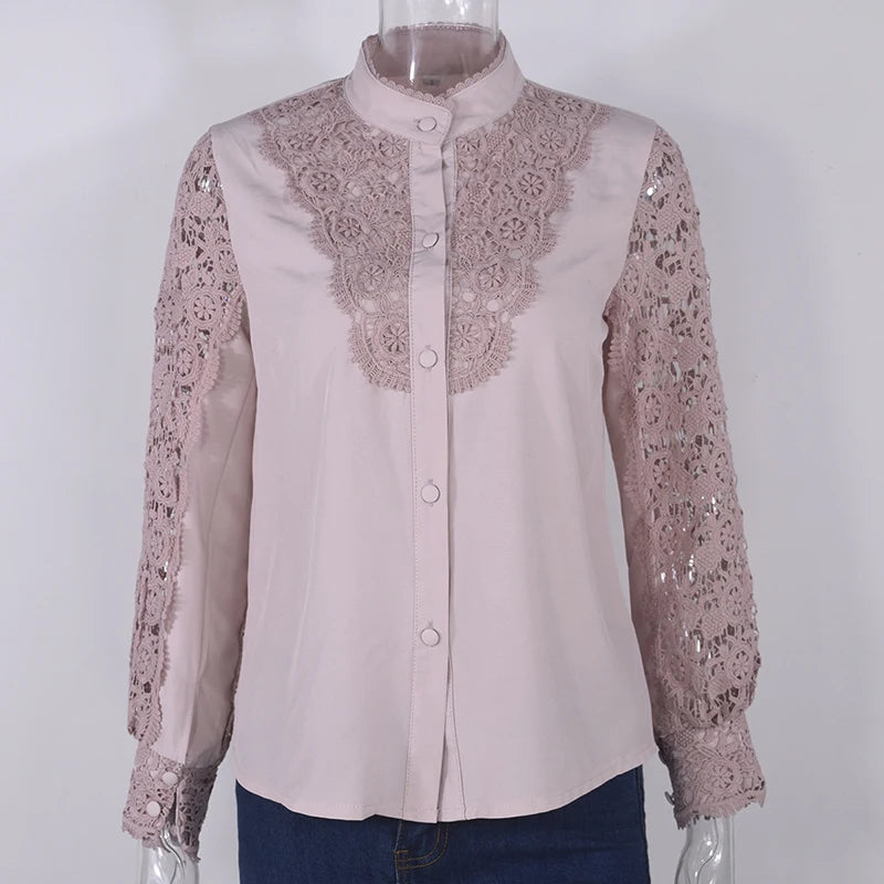 Blusa de encaje bordado para mujer, camisa informal de manga larga con cuello levantado, Color liso, elegante, para oficina, Primavera, 2021