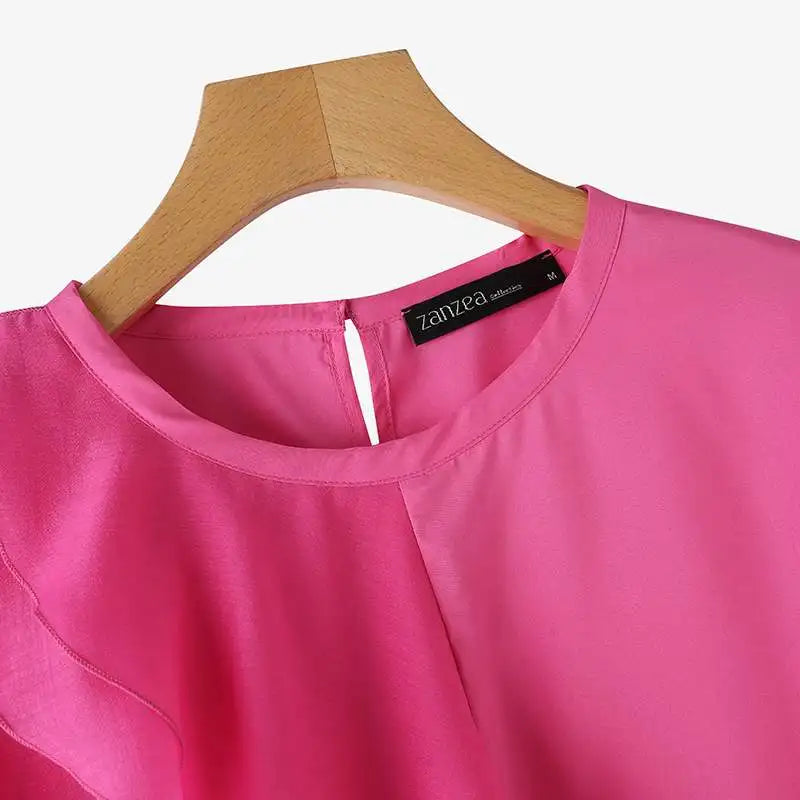 ZANZEA 2025 Blusa informal con costuras con volantes, Tops a la moda para vacaciones de verano, Tops con cuello redondo, túnicas de manga corta para mujer, Blusa holgada lisa para mujer