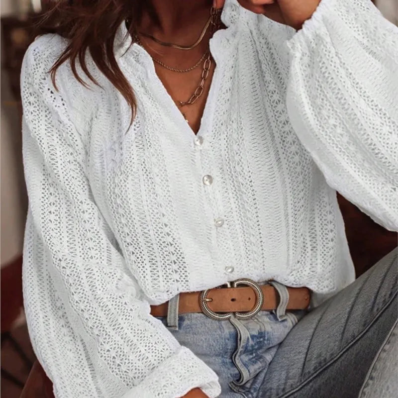Blusas de mujer primavera y otoño nueva moda suelta Simple todo-fósforo encaje hueco cuello en V camisas de manga larga de una sola rota para mujer