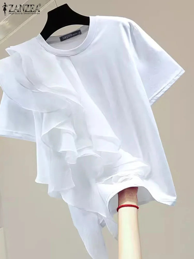 ZANZEA 2025 Blusa informal con costuras con volantes, Tops a la moda para vacaciones de verano, Tops con cuello redondo, túnicas de manga corta para mujer, Blusa holgada lisa para mujer