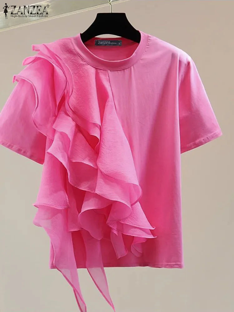 ZANZEA 2025 Blusa informal con costuras con volantes, Tops a la moda para vacaciones de verano, Tops con cuello redondo, túnicas de manga corta para mujer, Blusa holgada lisa para mujer