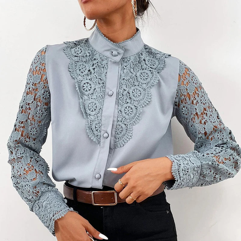 Blusa de encaje bordado para mujer, camisa informal de manga larga con cuello levantado, Color liso, elegante, para oficina, Primavera, 2021