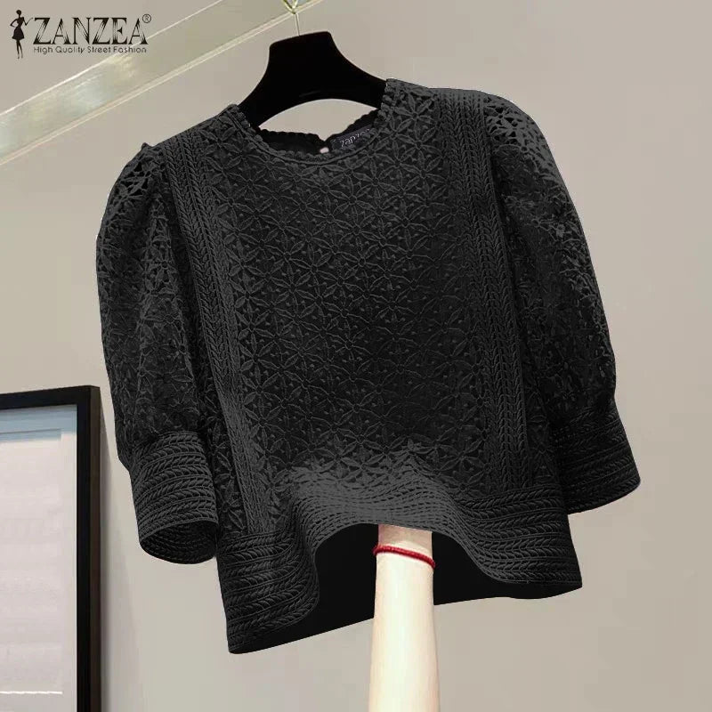 ZANZEA-Blusa elegante de encaje para mujer, camisas con mangas abullonadas, moda informal 2026, Tops tipo túnica de Color sólido con cuello redondo, Blusas de oficina 2026