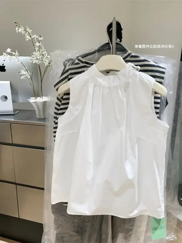 Blusa Blanca para Mujer 2026, Blusas Mujer con Lazo, Sin Mangas, Holgada, Camisas de Moda Dulce de Verano, Tops Femeninos