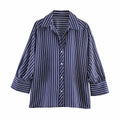 Camisa holgada a rayas para mujer, blusa informal de manga larga con cuello vuelto y botonadura sencilla, nuevas camisas de oficina de verano para mujer