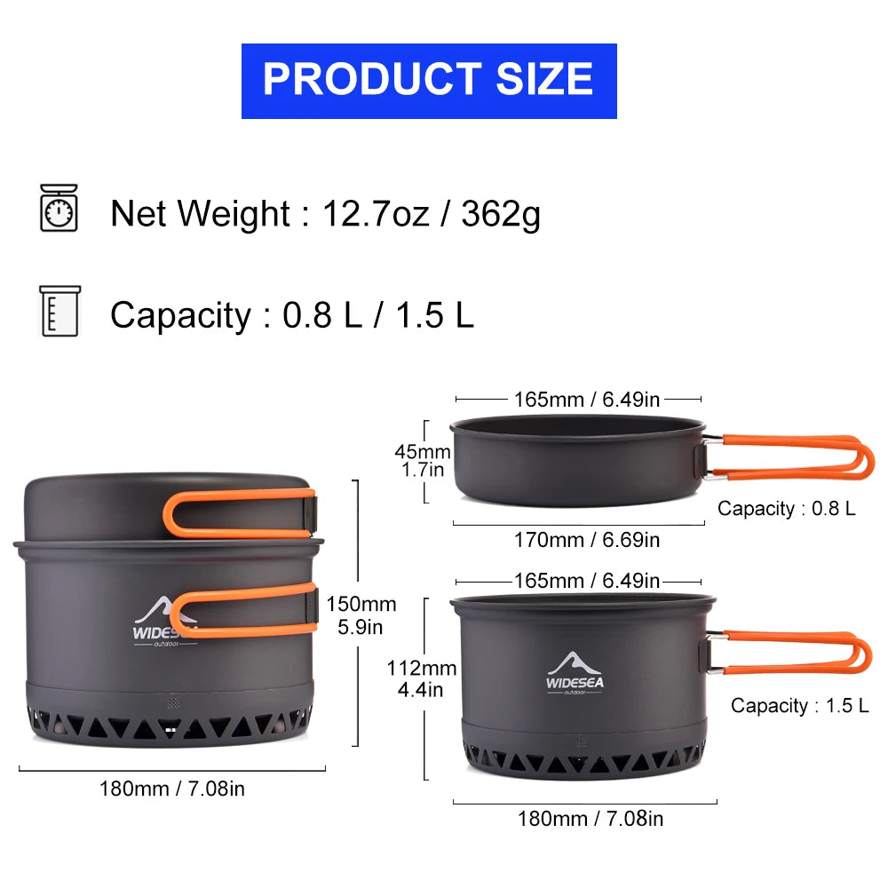 Olla para acampar al aire libre, utensilios de cocina de 1,3l y 2,3l, juego de hervidor de cocina al aire libre, cocina de calor, vajilla de viaje, equipo de utensilio de cocina turístico