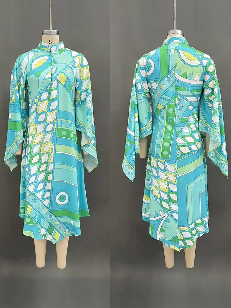 Vestido de Moda con Estampado Geométrico para Mujer, Cuello Alto, Manga Ancha con Botones, Vestidos de Vacaciones 2026, Vestido Holgado de Playa para Dama