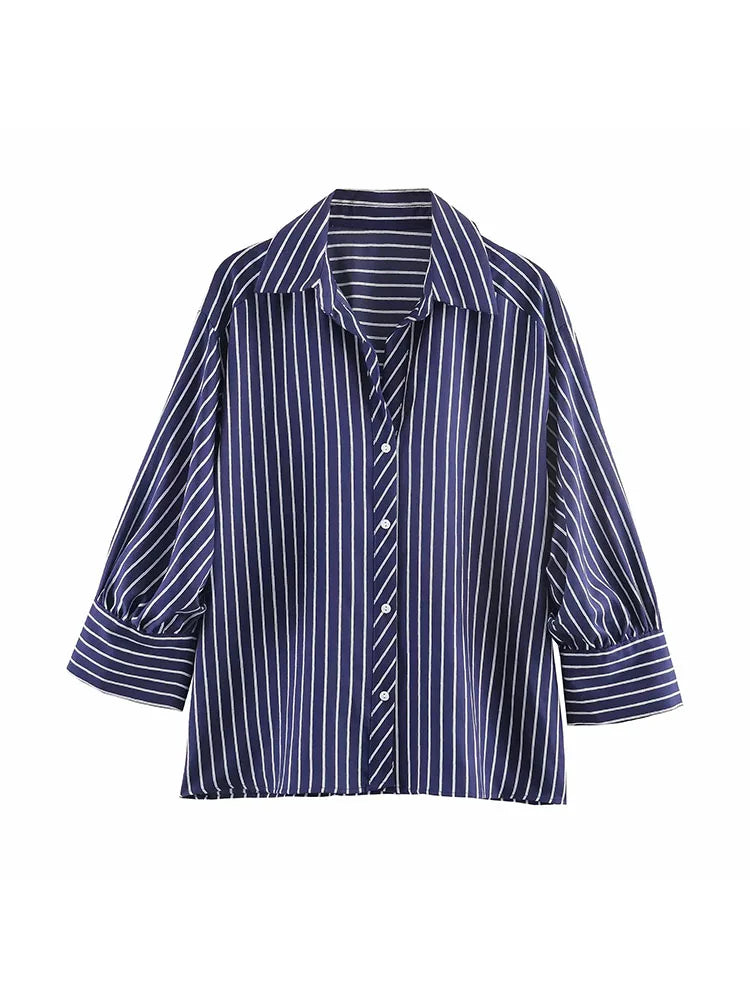 Camisa holgada a rayas para mujer, blusa informal de manga larga con cuello vuelto y botonadura sencilla, nuevas camisas de oficina de verano para mujer