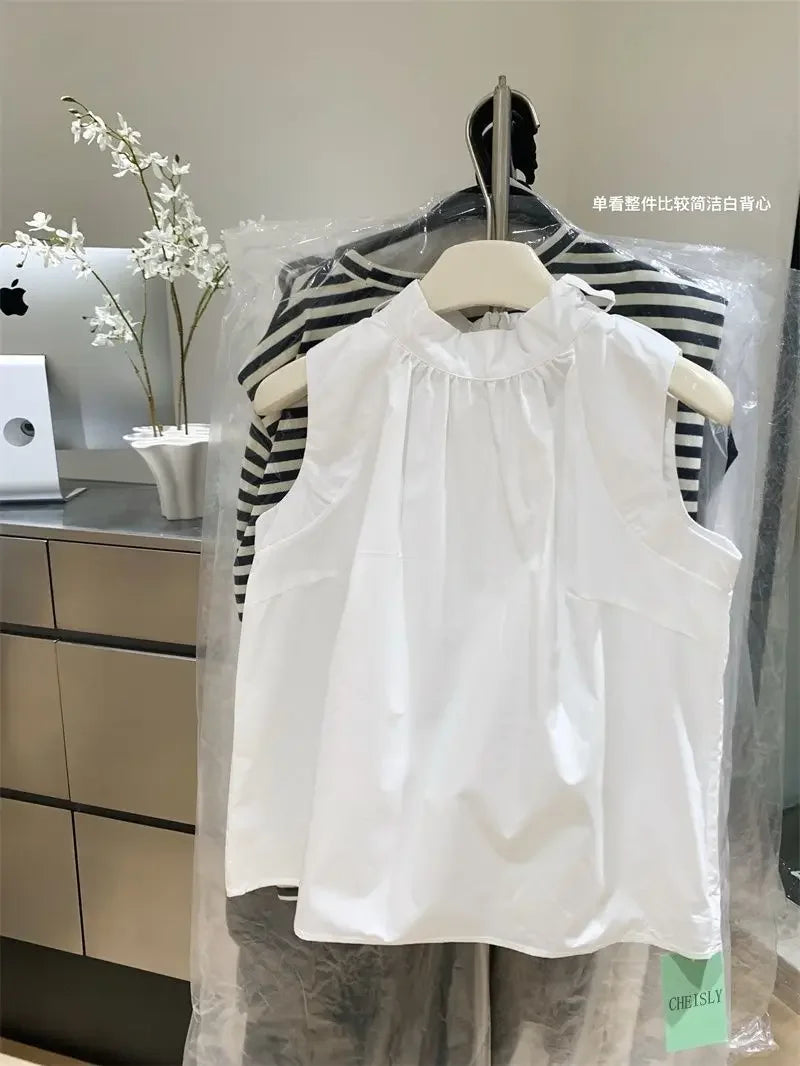 Blusa Blanca para Mujer 2026, Blusas Mujer con Lazo, Sin Mangas, Holgada, Camisas de Moda Dulce de Verano, Tops Femeninos
