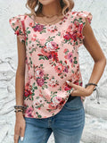 Elegante camisa con cuello redondo y estampado floral con borde de volantes