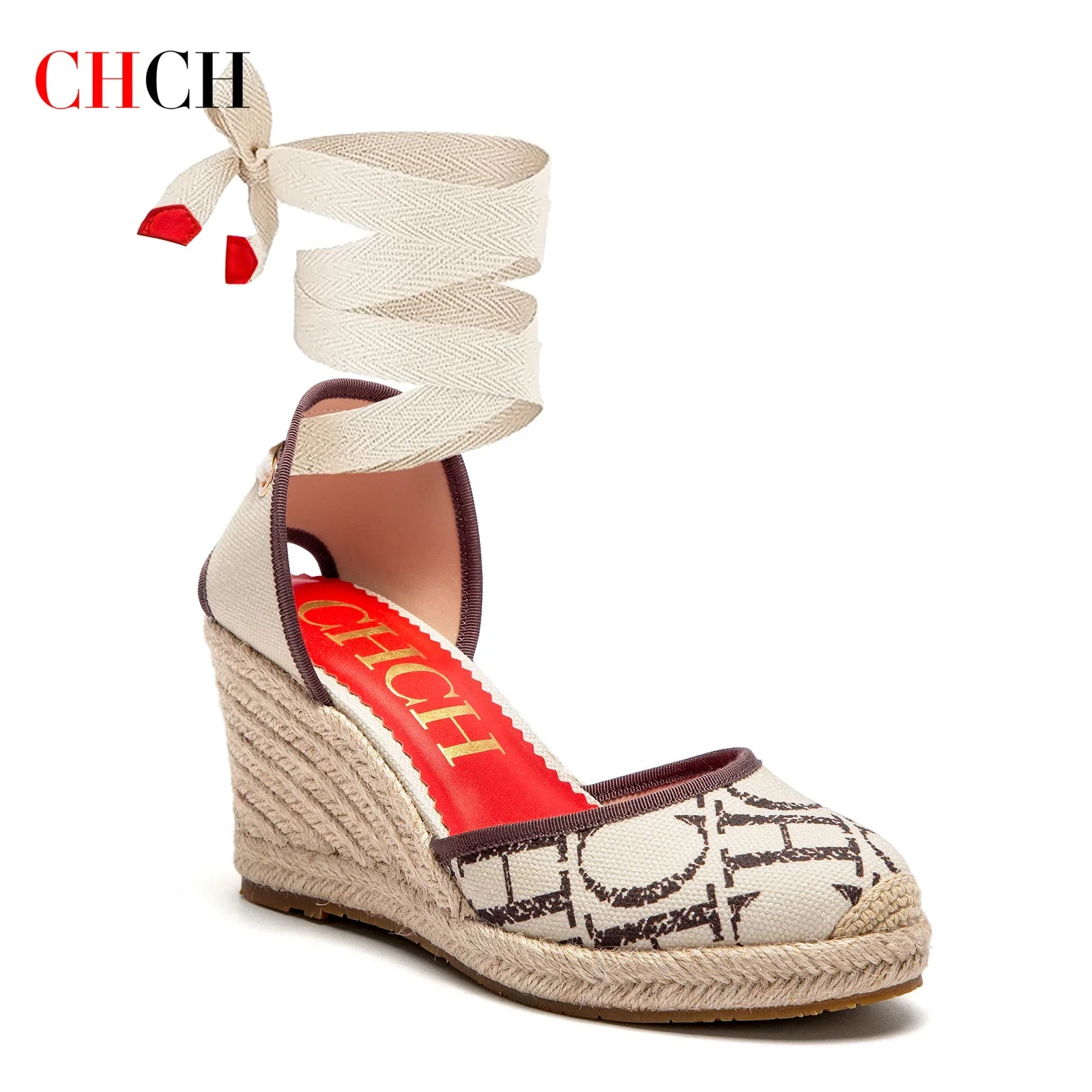 Tacones altos para mujer Verano Alpargata Plataforma Cuña 2025 Sandalias Punta cerrada Correa en el tobillo Con cordones Fiesta de vacaciones en la playa 8 cm