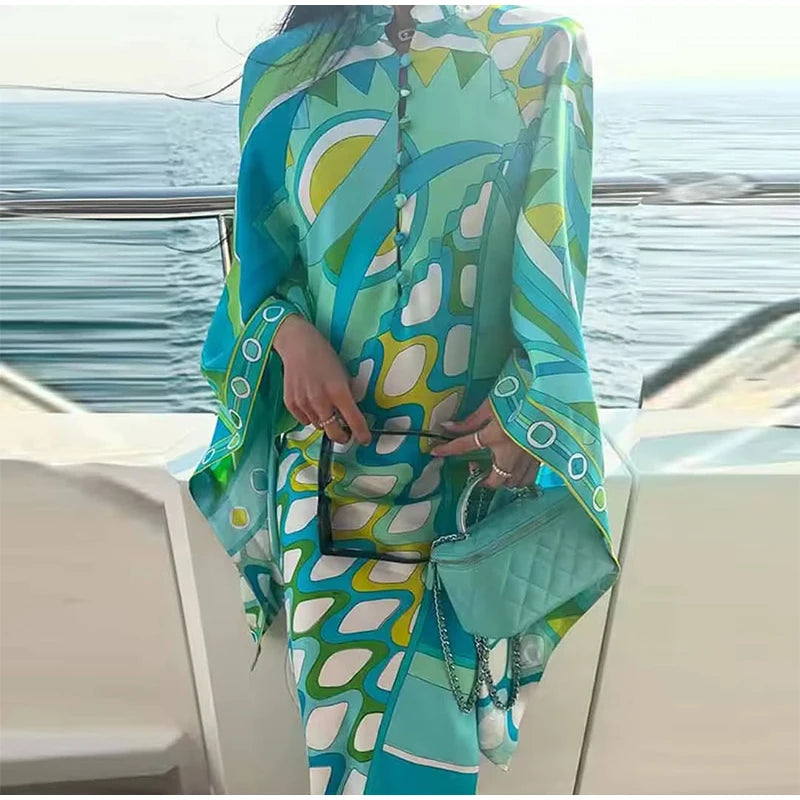 Vestido de Moda con Estampado Geométrico para Mujer, Cuello Alto, Manga Ancha con Botones, Vestidos de Vacaciones 2026, Vestido Holgado de Playa para Dama