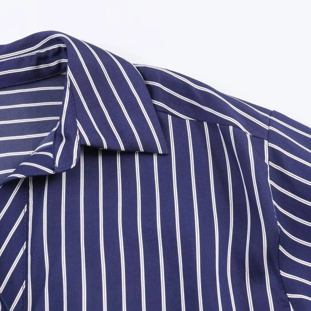 Camisa holgada a rayas para mujer, blusa informal de manga larga con cuello vuelto y botonadura sencilla, nuevas camisas de oficina de verano para mujer