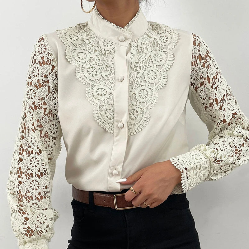 Blusa de encaje bordado para mujer, camisa informal de manga larga con cuello levantado, Color liso, elegante, para oficina, Primavera, 2021