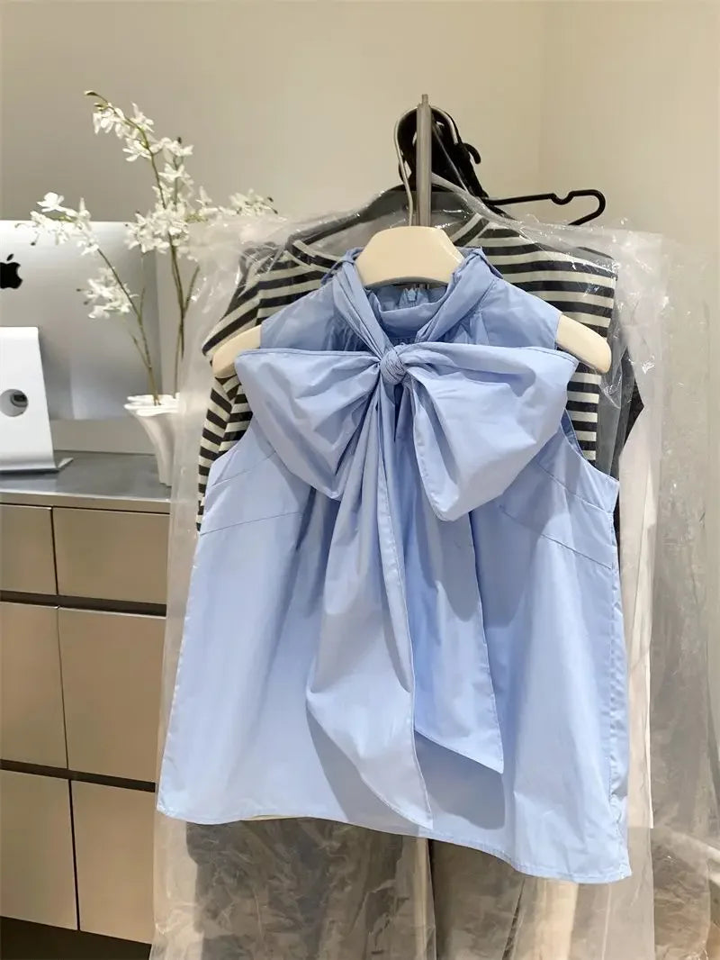 Blusa Blanca para Mujer 2026, Blusas Mujer con Lazo, Sin Mangas, Holgada, Camisas de Moda Dulce de Verano, Tops Femeninos