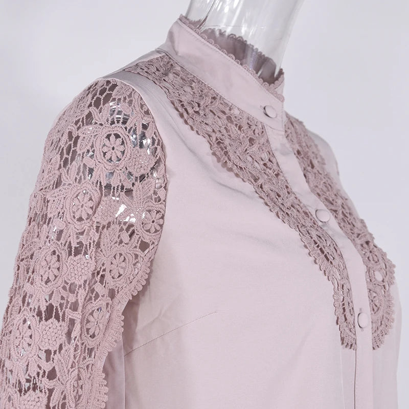 Blusa de encaje bordado para mujer, camisa informal de manga larga con cuello levantado, Color liso, elegante, para oficina, Primavera, 2021