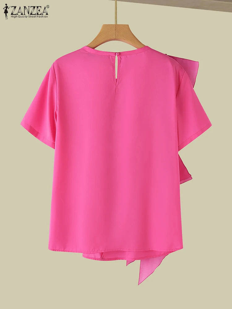 ZANZEA 2025 Blusa informal con costuras con volantes, Tops a la moda para vacaciones de verano, Tops con cuello redondo, túnicas de manga corta para mujer, Blusa holgada lisa para mujer