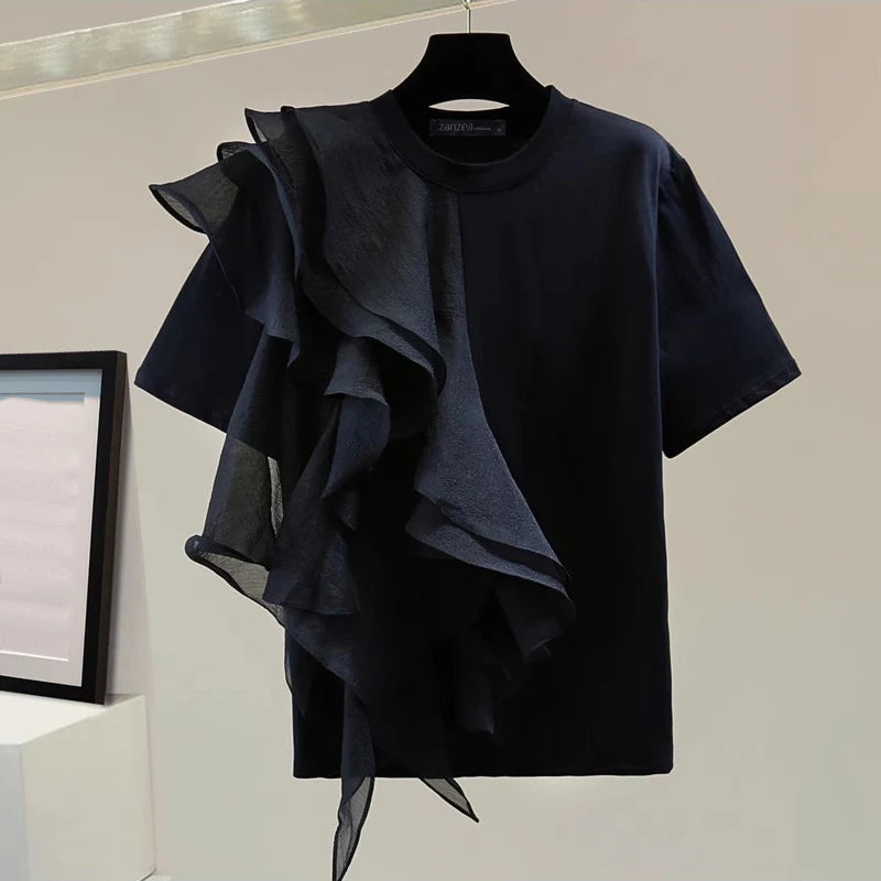ZANZEA 2025 Blusa informal con costuras con volantes, Tops a la moda para vacaciones de verano, Tops con cuello redondo, túnicas de manga corta para mujer, Blusa holgada lisa para mujer