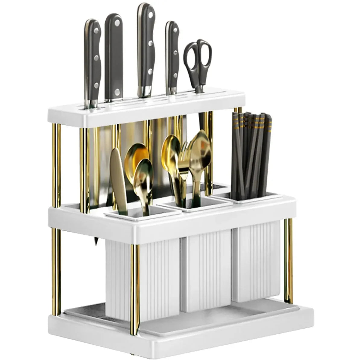 Soporte para cuchillos de cocina, cortador multifunción y escurridor de cubiertos, estante organizador de utensilios de cocina que ahorra espacio de PP, nuevo