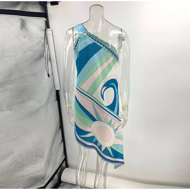 Vestido de Moda con Estampado Geométrico para Mujer, Cuello Alto, Manga Ancha con Botones, Vestidos de Vacaciones 2026, Vestido Holgado de Playa para Dama