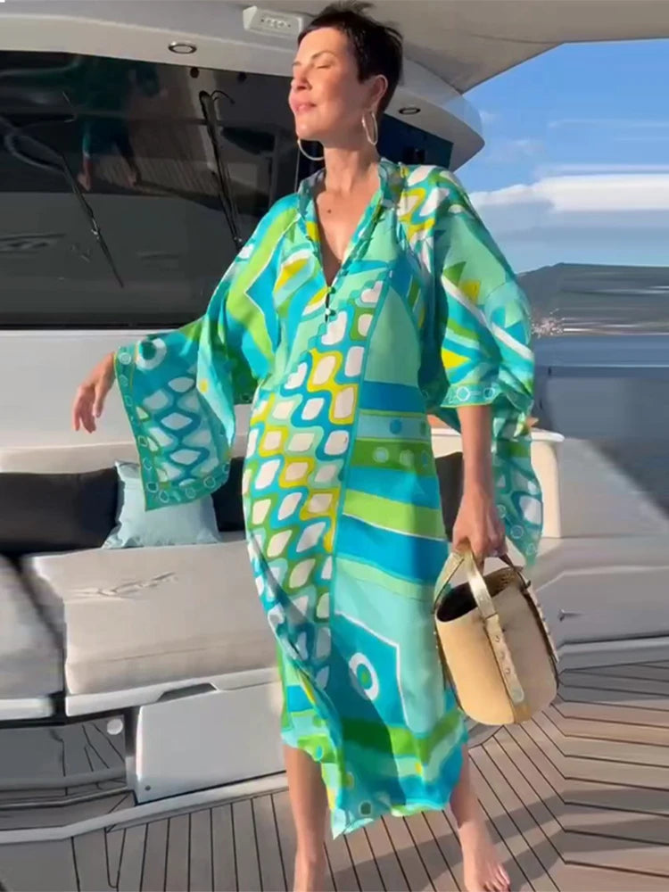 Vestido de Moda con Estampado Geométrico para Mujer, Cuello Alto, Manga Ancha con Botones, Vestidos de Vacaciones 2026, Vestido Holgado de Playa para Dama