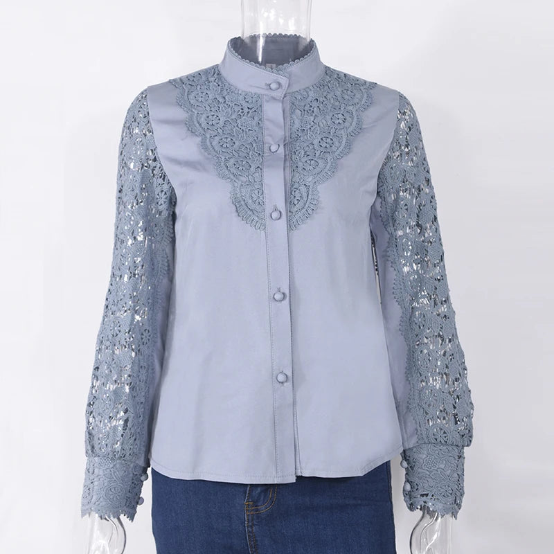 Blusa de encaje bordado para mujer, camisa informal de manga larga con cuello levantado, Color liso, elegante, para oficina, Primavera, 2021