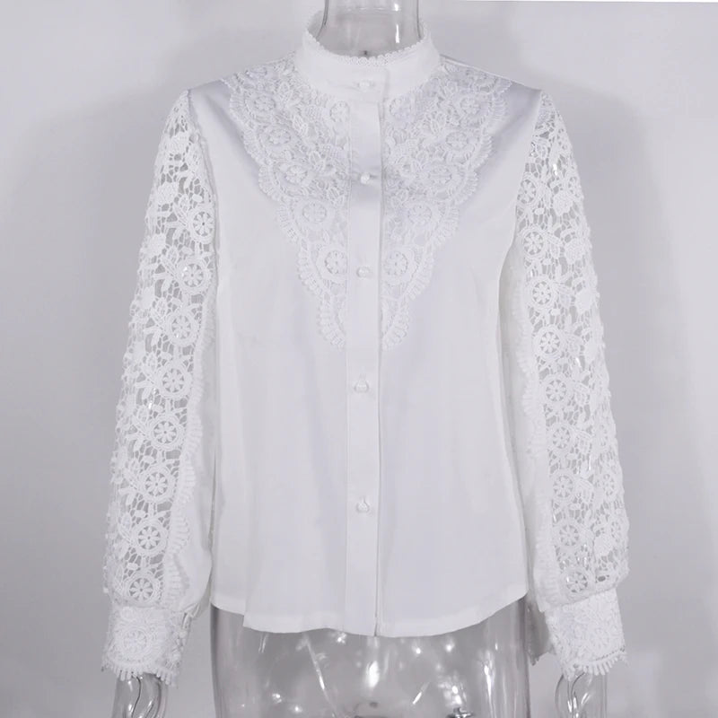 Blusa de encaje bordado para mujer, camisa informal de manga larga con cuello levantado, Color liso, elegante, para oficina, Primavera, 2021