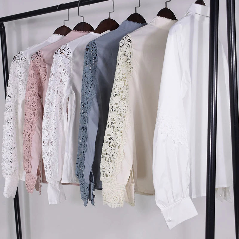 Blusa de encaje bordado para mujer, camisa informal de manga larga con cuello levantado, Color liso, elegante, para oficina, Primavera, 2021