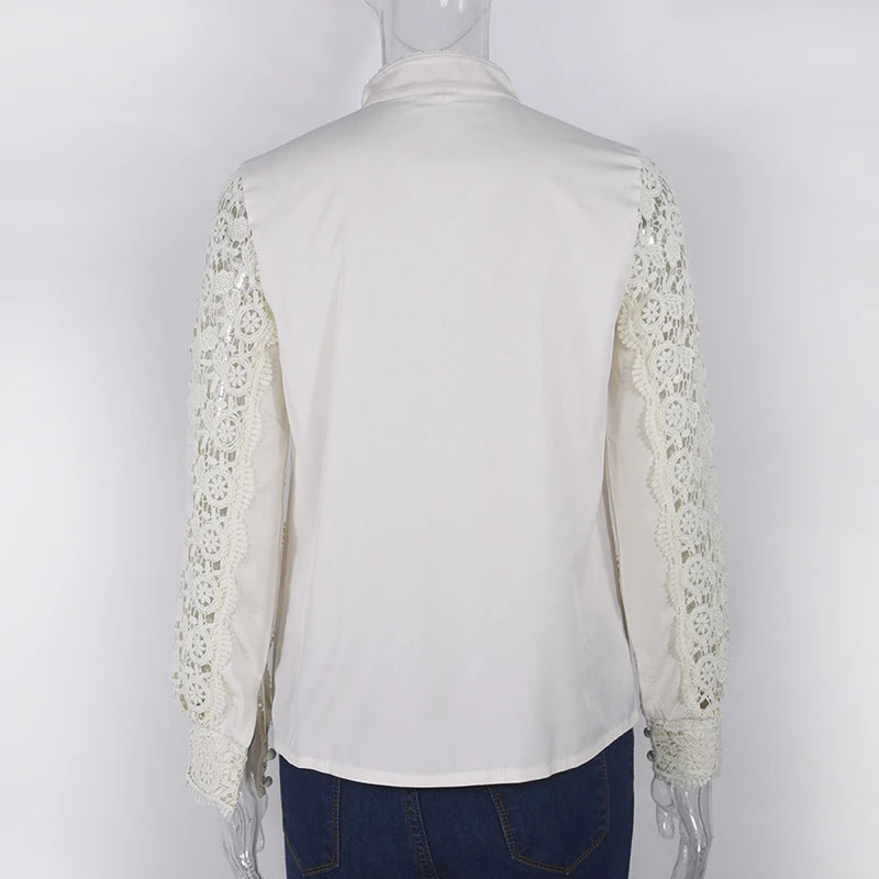 Blusa de encaje bordado para mujer, camisa informal de manga larga con cuello levantado, Color liso, elegante, para oficina, Primavera, 2021