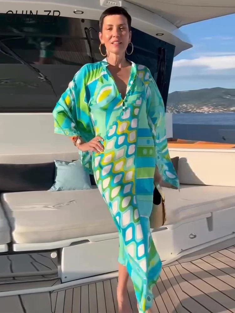 Vestido de Moda con Estampado Geométrico para Mujer, Cuello Alto, Manga Ancha con Botones, Vestidos de Vacaciones 2026, Vestido Holgado de Playa para Dama