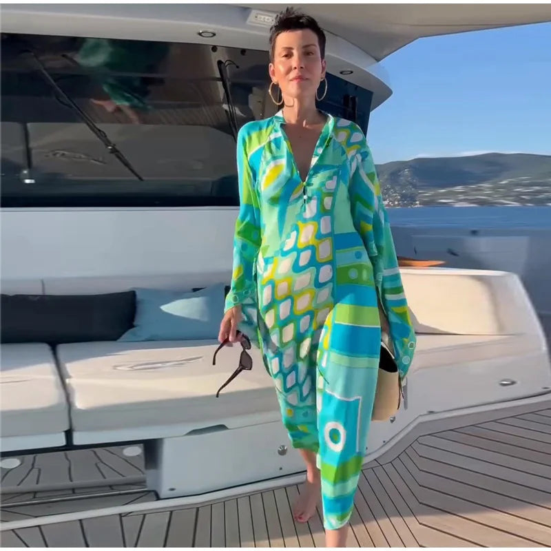 Vestido de Moda con Estampado Geométrico para Mujer, Cuello Alto, Manga Ancha con Botones, Vestidos de Vacaciones 2026, Vestido Holgado de Playa para Dama