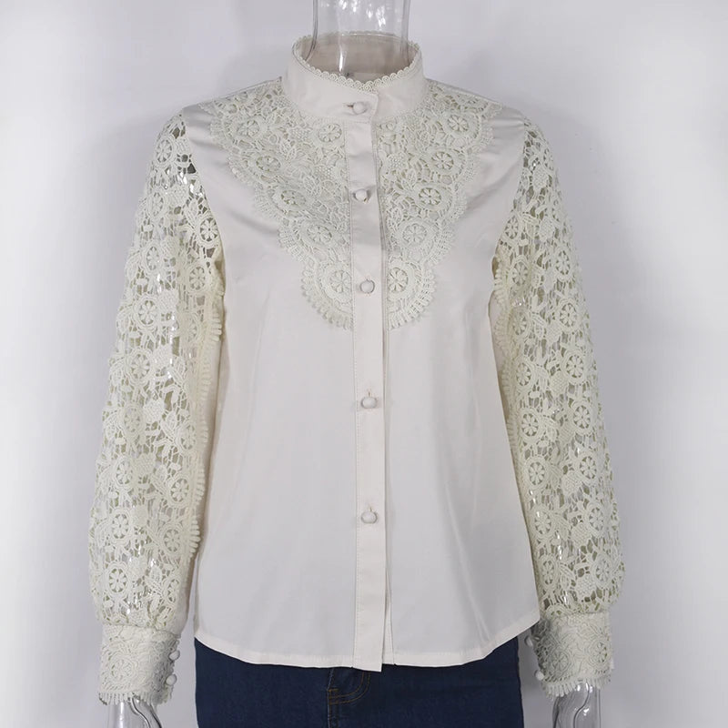 Blusa de encaje bordado para mujer, camisa informal de manga larga con cuello levantado, Color liso, elegante, para oficina, Primavera, 2021