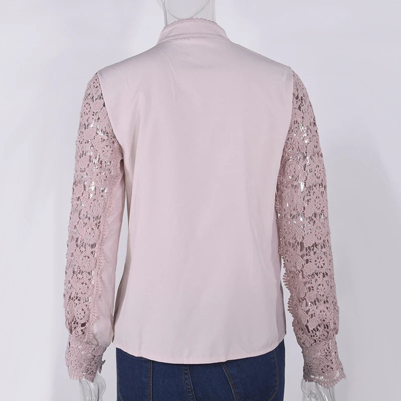 Blusa de encaje bordado para mujer, camisa informal de manga larga con cuello levantado, Color liso, elegante, para oficina, Primavera, 2021