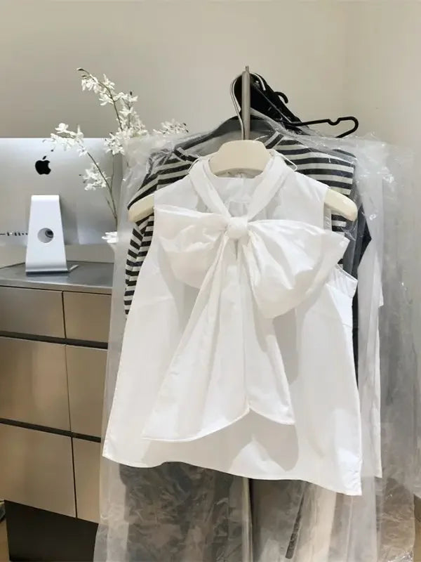 Blusa Blanca para Mujer 2026, Blusas Mujer con Lazo, Sin Mangas, Holgada, Camisas de Moda Dulce de Verano, Tops Femeninos