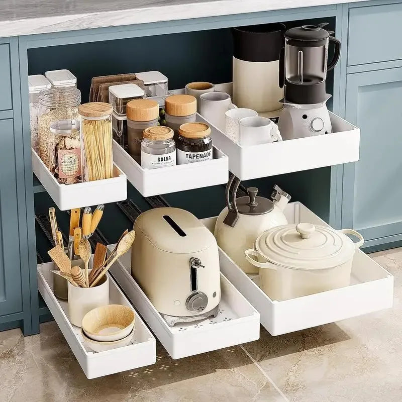 Organizador de cocina extraíble, estante de almacenamiento tipo cajonera, bandeja de almacenamiento con rieles deslizantes, organizador de armarios para despensa, 1-2 uds.