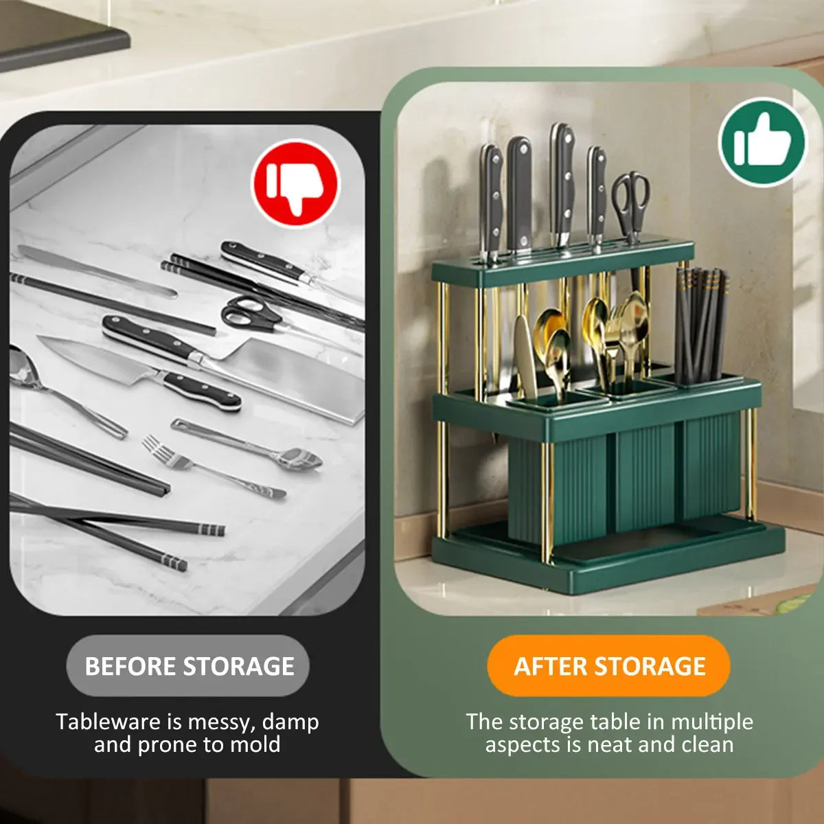 Soporte para cuchillos de cocina, cortador multifunción y escurridor de cubiertos, estante organizador de utensilios de cocina que ahorra espacio de PP, nuevo