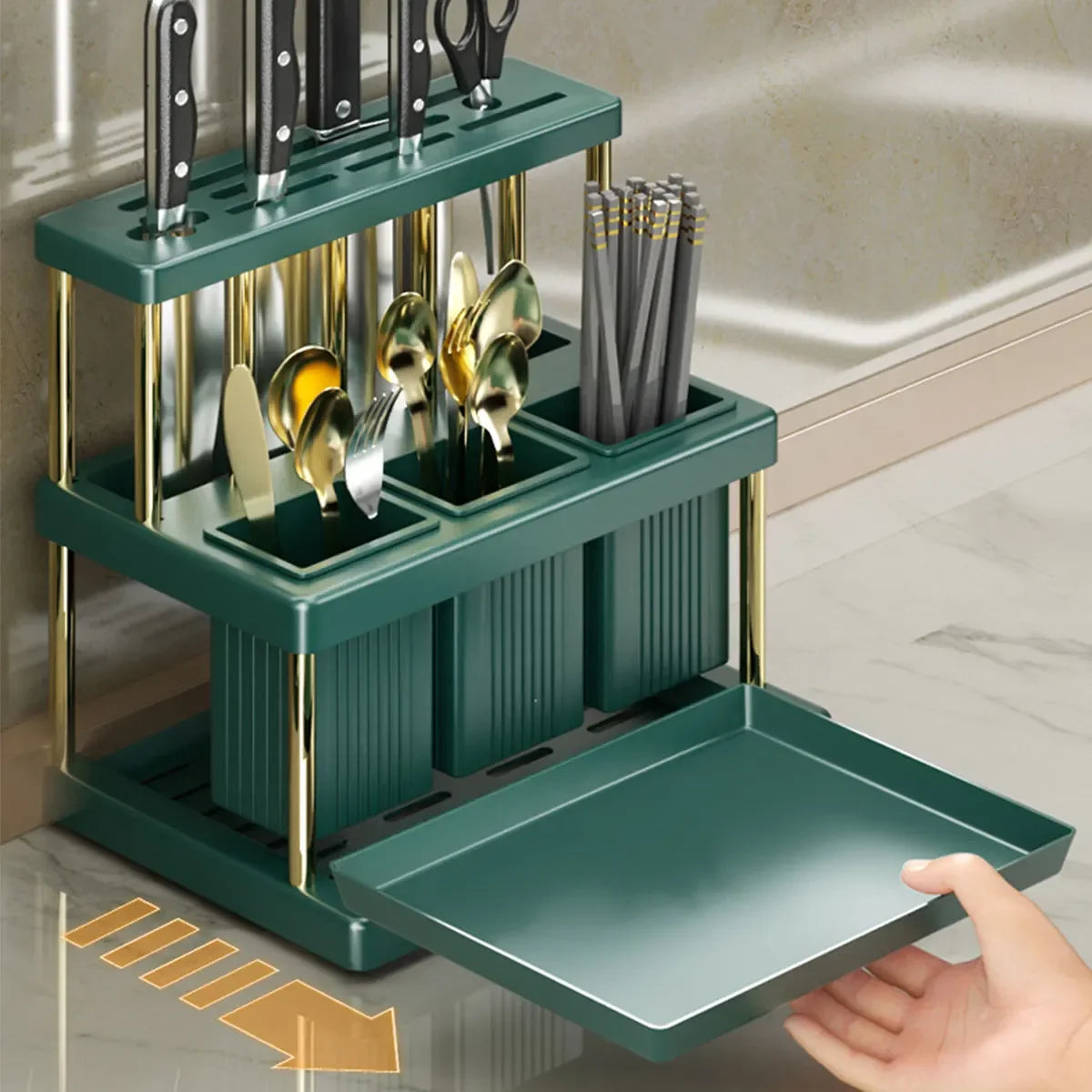 Soporte para cuchillos de cocina, cortador multifunción y escurridor de cubiertos, estante organizador de utensilios de cocina que ahorra espacio de PP, nuevo