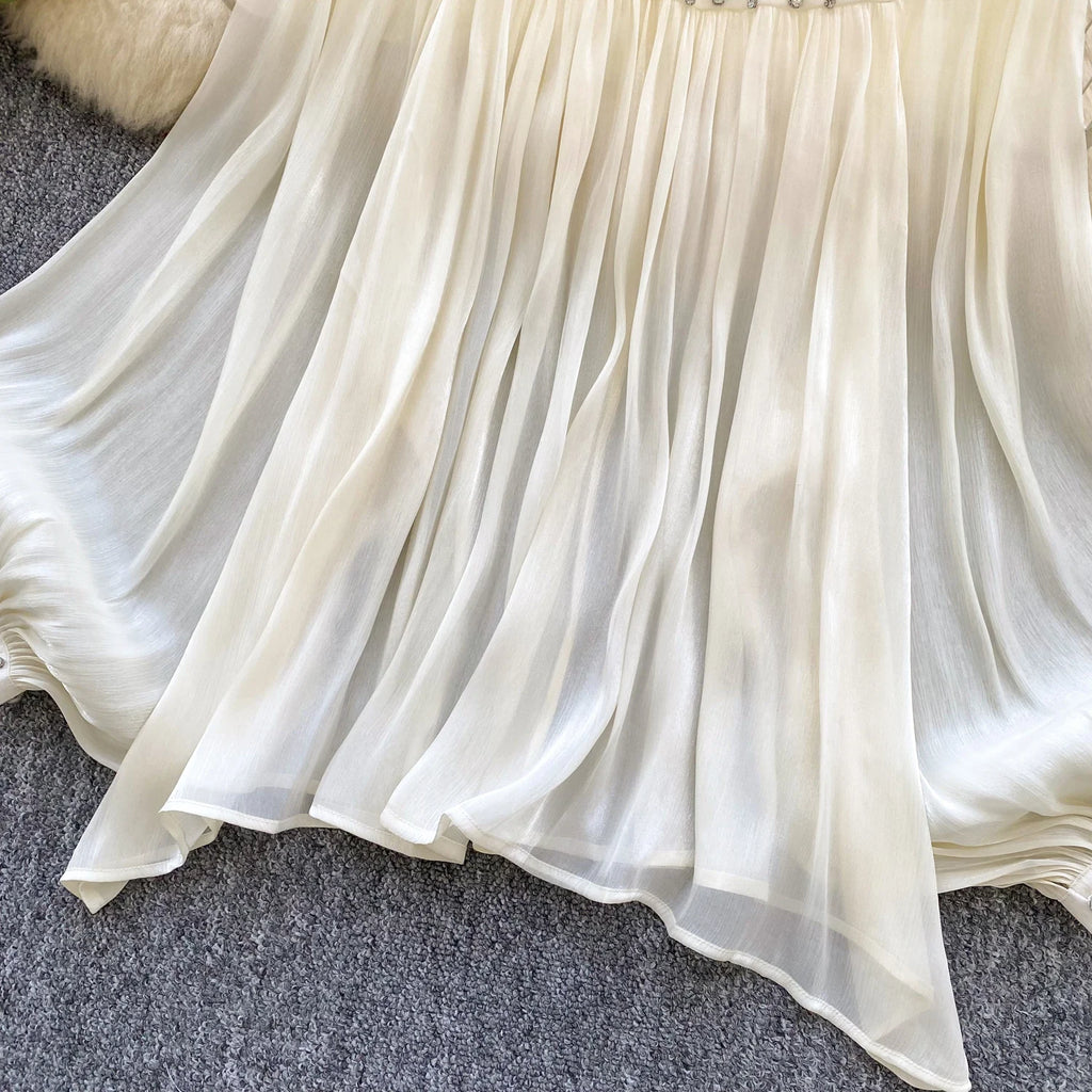 SINGREINY-Blusa de gasa con diamantes para mujer, camisa fina de corte francés con manga acampanada, Top de lujo Irregular plisado de alta calidad