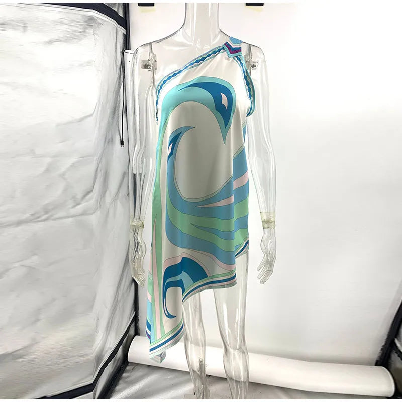 Vestido de Moda con Estampado Geométrico para Mujer, Cuello Alto, Manga Ancha con Botones, Vestidos de Vacaciones 2026, Vestido Holgado de Playa para Dama