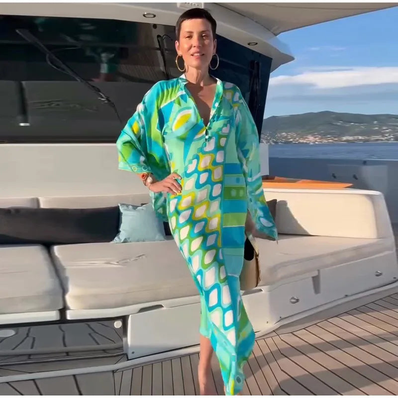 Vestido de Moda con Estampado Geométrico para Mujer, Cuello Alto, Manga Ancha con Botones, Vestidos de Vacaciones 2026, Vestido Holgado de Playa para Dama