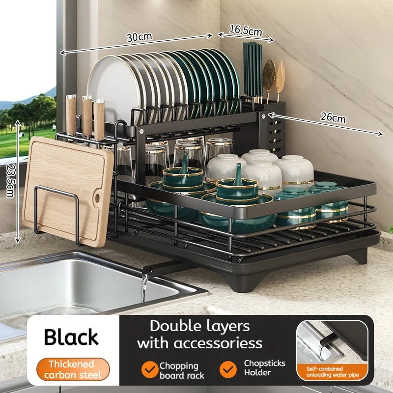 Escurridor de Platos Ajustable de Acero Inoxidable con Bandeja de Drenaje - Organizador de Platos Sobre el Fregadero, Almacenamiento y Escurridor de Cocina