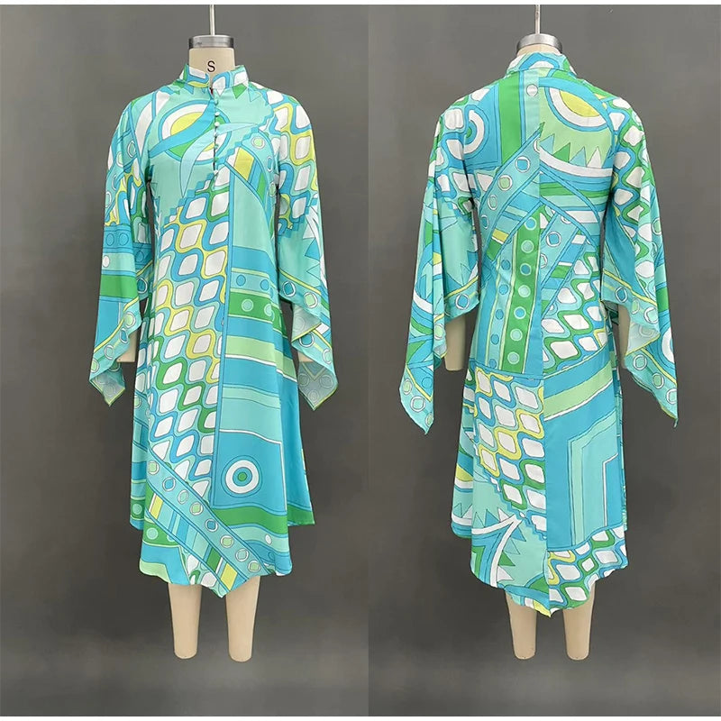 Vestido de Moda con Estampado Geométrico para Mujer, Cuello Alto, Manga Ancha con Botones, Vestidos de Vacaciones 2026, Vestido Holgado de Playa para Dama