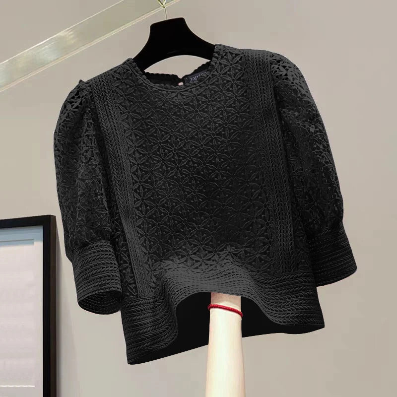 ZANZEA-Blusa elegante de encaje para mujer, camisas con mangas abullonadas, moda informal 2026, Tops tipo túnica de Color sólido con cuello redondo, Blusas de oficina 2026