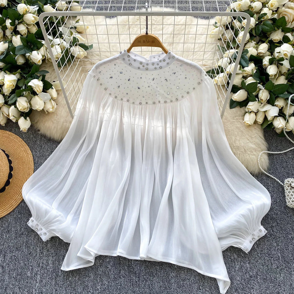 SINGREINY-Blusa de gasa con diamantes para mujer, camisa fina de corte francés con manga acampanada, Top de lujo Irregular plisado de alta calidad