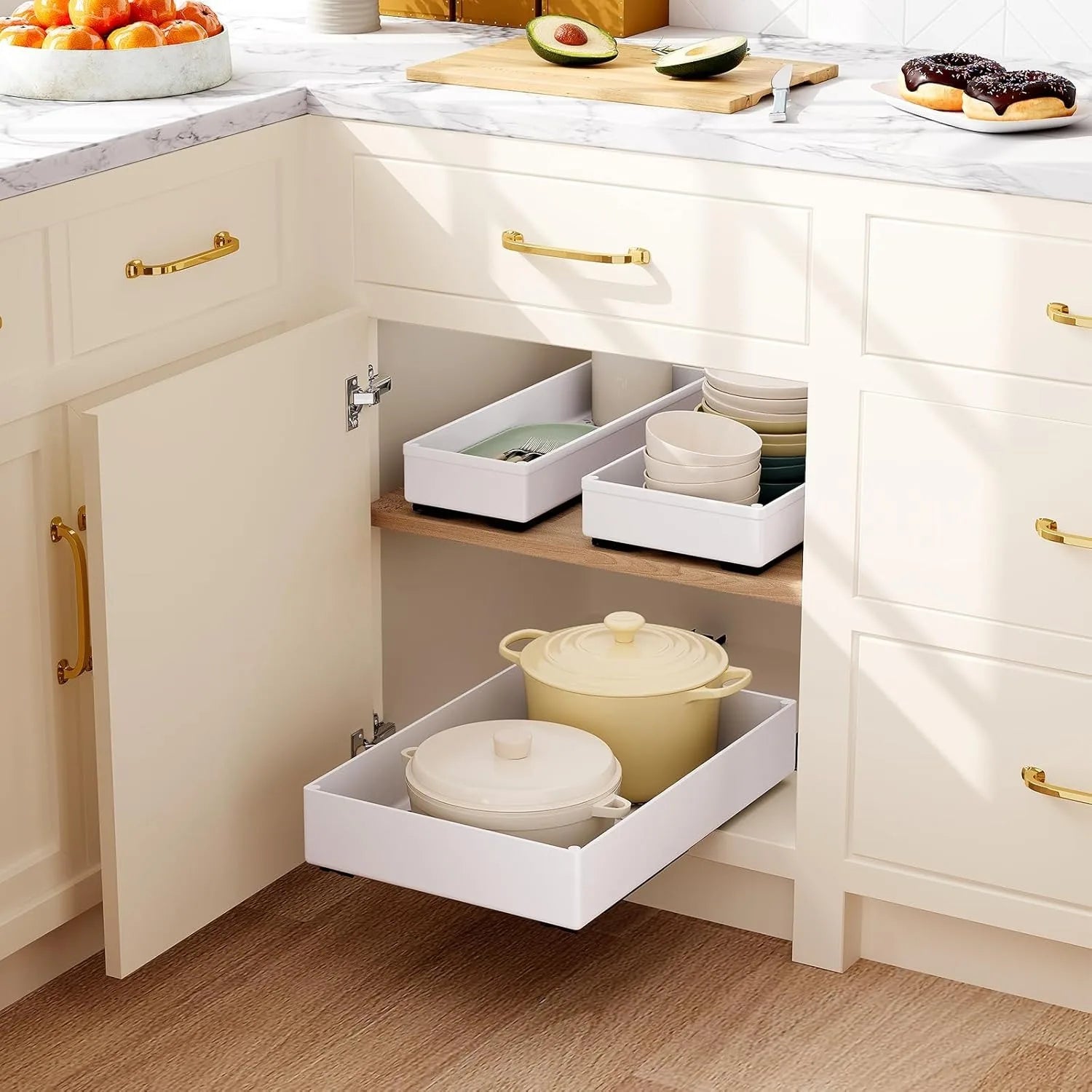 Organizador de cocina extraíble, estante de almacenamiento tipo cajonera, bandeja de almacenamiento con rieles deslizantes, organizador de armarios para despensa, 1-2 uds.